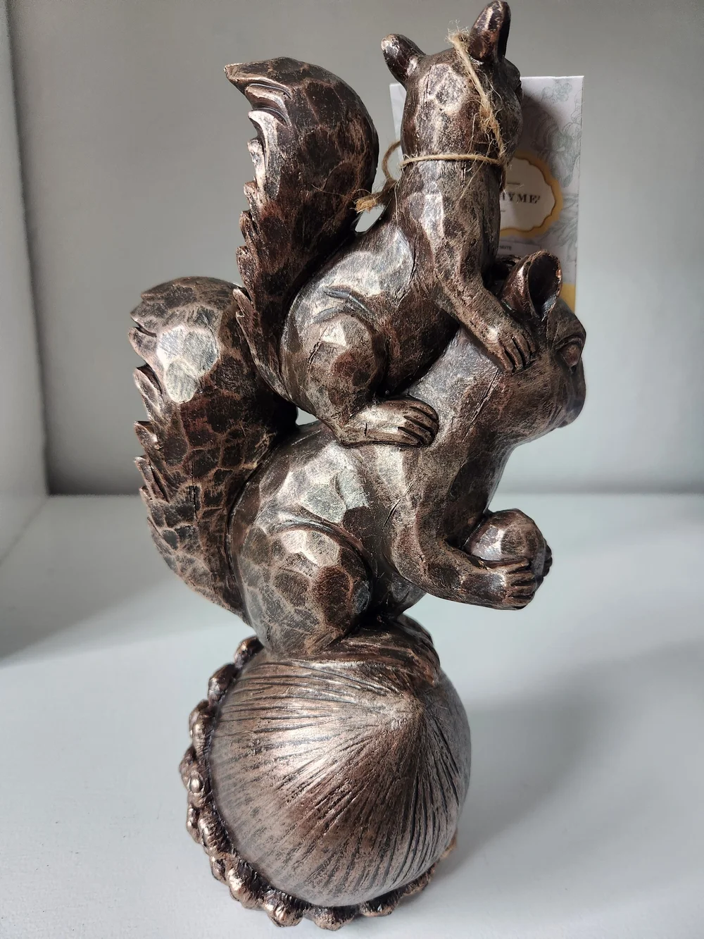 Bronze-Tone Twin Squirrel On Top Of Acorn Resin Figurine Decorative Accent 10 In